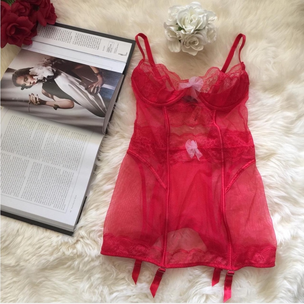 Victorias Secret Red Lace Sheer Garter Slip Chemise